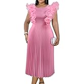 ONTINVA Women's Crew Neck Pleated A-line Dress Ruffled Sleeveless Casual Maxi Dresses Party Wedding Guest Long Flowy