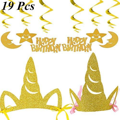 Unicorn Party Supplies Decorations Pack - Rainbow Unicorn Happy Birthday Pennant Banner Gold Glitter Unicorn Birthday Hat Party Hanging Swirl for Baby Girl 19pcs