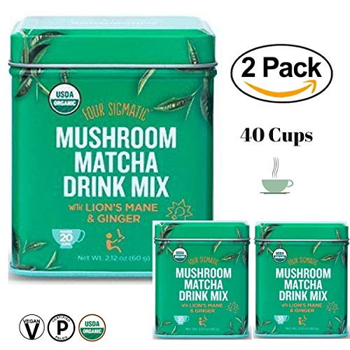 Four Sigmatic - 120g (2 Pack of 60g) Organic Matcha Green Tea Powder + Organic LionÂ´s Mane Mushroom Extract + Organic Ginger Porwder + Organic Astragalus - USDA Organic, Vegan, Paleo, Superfood