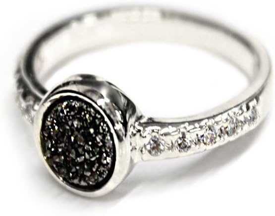 Rock Paradise 1 (ONE) Black Shimmer Druzy Silver Plated Ring With Rhinestone Accents Exclusive - AM20B1-03