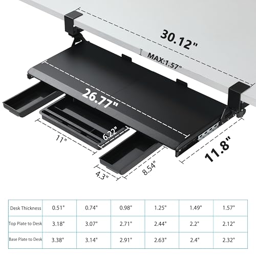 ETHU Keyboard Tray Under Desk, Corner Keyboard Tray with 45° Adjustable C Clamp for L Shaped Desk, Computer Keyboard & Mouse Tray Smooth Slide Out for Typing, 26.77" W x 11.81" D, Black