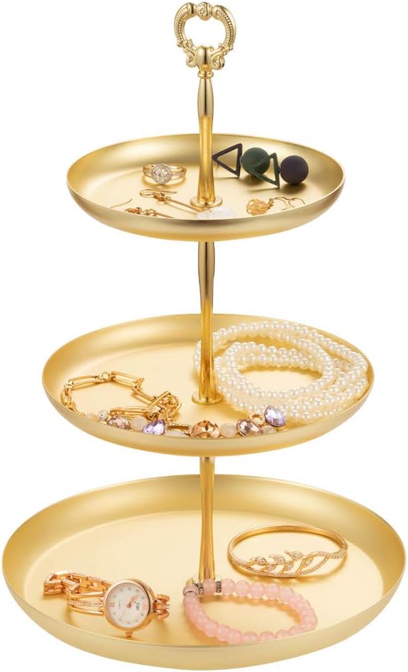 3 Tier Jewelry Dish Tray Organizer Rack, Round Gold-Plated Metal Earring Holder Tower Stand Bracelet, Necklace, Ring Jewelry Organizer Display