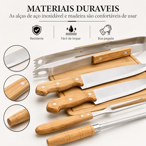 Jogo de Churrasco Tradicional 6 Peças, Kit Churrasco com Tabua, Faca Churrasco, Garfo Trinchante, Pegador para Carne e Afiador, Laminas em Aço Inox, com Bolsa Portátil, Ideal para Camping e Viagens
