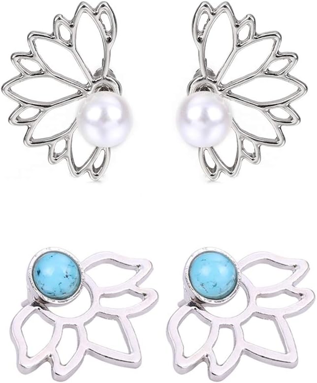 Hollow Lotus Flower Stud Earrings Set for Women Fashion Crystal Simple Chic Ear Jacket Earrings