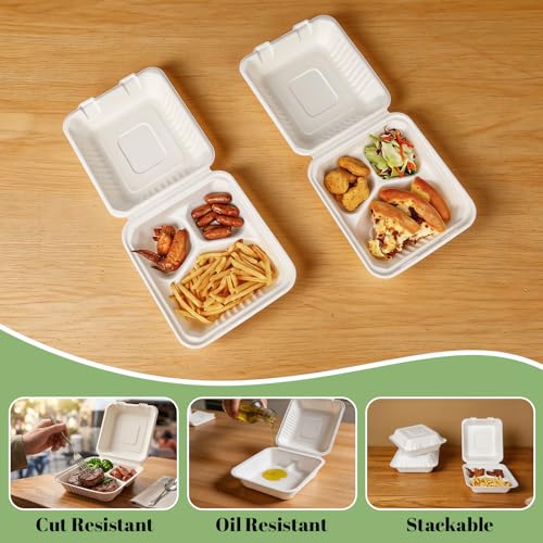 Lucklot 100 Pack Togo 8×9 Inch Disposable 3 Compartment White Clamshell Take Out Containers with Lids, To Go Takeout Lunch Boxes Compostable and Eco-Friendly Biodegradable Bagasse PFAS-Free for Food