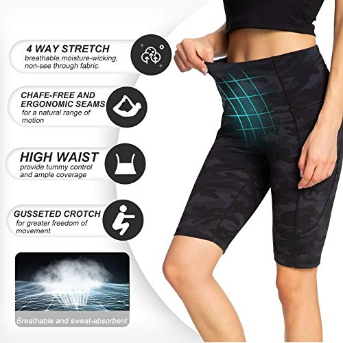 Running Shorts for Women High Waist Pants Yoga Leggings Biker Workout Shorts with 3 Pockets Regular Plus Size (Camo Black Ash M)