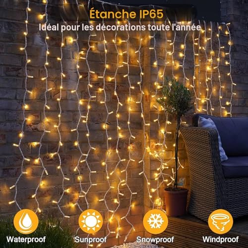 yowin 6 m x 3 m 600 LED String Lights Outdoor and Indoor with Transformer, Waterproof 8 Modes & Timer LED Curtain for Wedding, Party, Garden, Pergola – Warm White