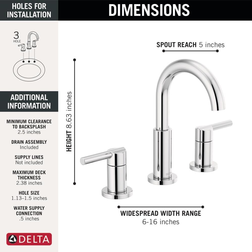 Delta Nicoli Chrome Faucet 3 Hole, 8 Inch Widespread Bathroom Sink Faucet for Vanity, Push-Pop Drain Assembly, Chrome 35749LF