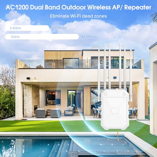 AC1200 Outdoor WiFi Extender, 5GHz and 2.4GHz Outdoor WiFi Signal Booster with 6 Antennas, Weatherproof IP67, Passive PoE, for Starlink, Patio