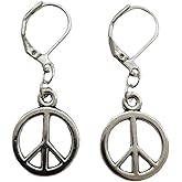 Peace Sign Drop Leverback Earrings, Miniature Peace Jewelry, Hippy, Peace Charm, Hippie, Woman Man Clip Earrings