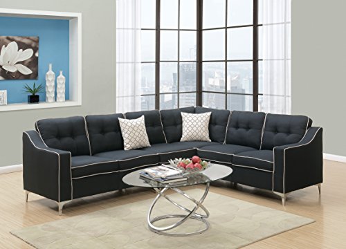 Mid-Century Modular 4pcs L-shaped Sectional Sofa Bobkona Black Tufted Polyfiber LAF & RAF One Arm Love-seat Corner Wedge Armless Chair Living Room