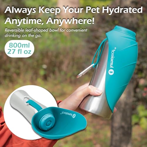 LumoLeaf Portable Dog Water Bottle 800 ml, Stainless Steel Pet Travel Water Bottle Dispenser for Walking, Hiking and Outdoor, Portable Water Bowl for Large Dogs (Blue)