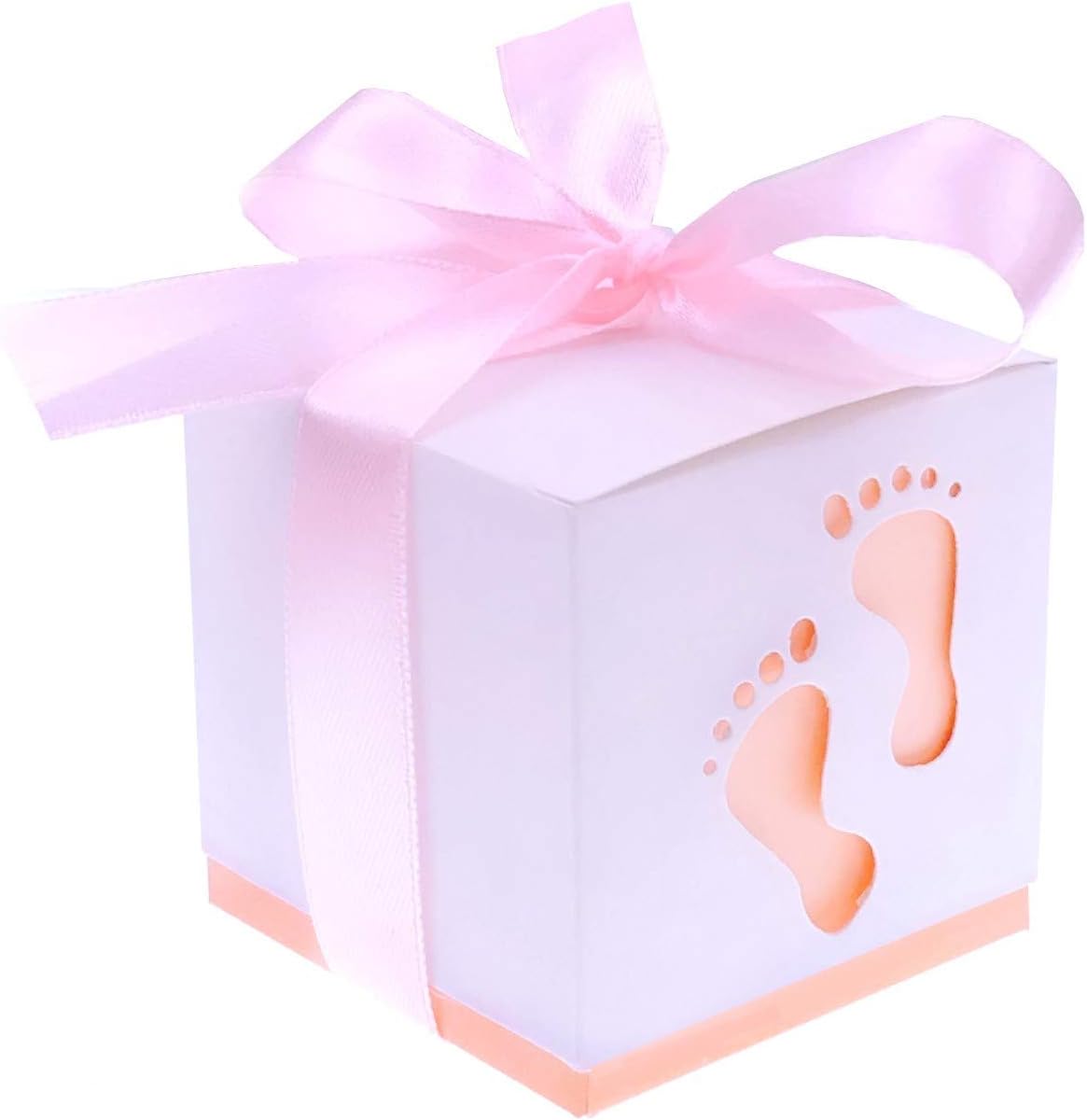 JZK 50 x Pink footprint paper baby shower favour boxes for girl baby shower girl birthday party christening baptism newborn party
