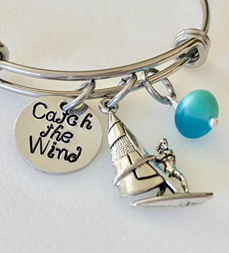 Windsurfing Bangle, Windsurfer Bracelet, Pewter Windsurfing Charm, Windsurfer Gift, Cultured Czech Blue Sea Glass, Adjustable Stainless Steel Bangle.