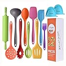 TTLIFE Silicone Kitchen Utensil 12 Pcs With Turner, Spatula, Soup Ladle,Brush,Long Handle Shovel,Long Spoon,Slotted Spoon,Colander,Rolling Pin,Heat Resistant Hand Clips for Cooking/Baking/BBQ