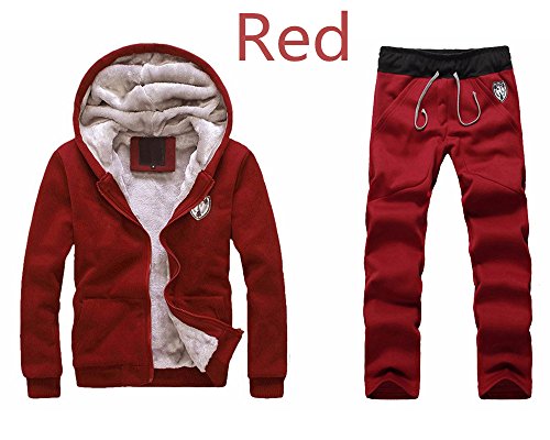 Mens Tracksuit Warm Sport Jogging Sweat Suits Hooded Sweatshirt Hoodies Coat & Bottoms Set (L, Red)
