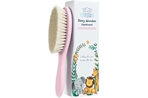 FUNFUSHKA Baby Hair Brush with Soft Goat Bristles - Wooden Cradle Cap Brush for Newborns, Infants, Toddlers, and Kids - Gentle Scalp Grooming and Styling for Baby Girls and Boys (Rosa)