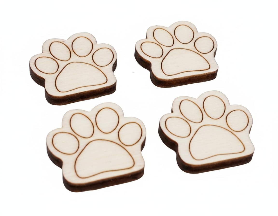 4 Pcs Paw print gift wooden novelty fridge magnets - natural wood - with strong magnets - animal tracks