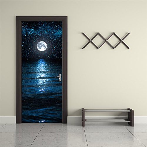 Nalichy 3d Door Wall Stickers Murals Decal, Full Moon above the Ocean with Night Sky View Self-adhesive Waterproof Wallpaper Home Decor