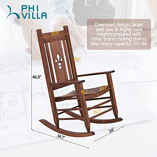 PHI VILLA Outdoor Rocking Chair, Acacia Wood High Back Oversized Rocker