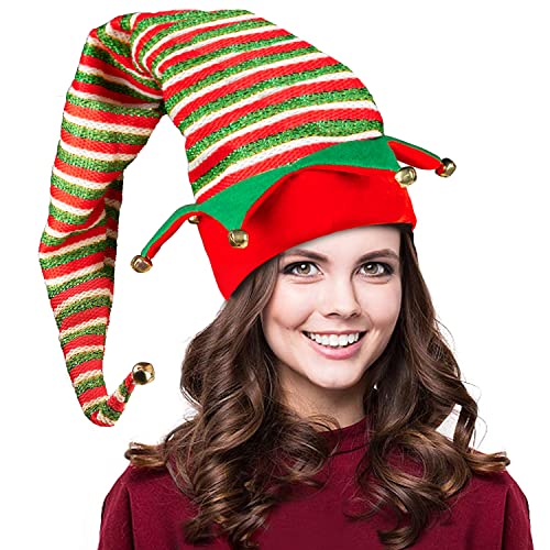MCPINKY Christmas Elf Hat, Striped Elf Hat Red Green Long Felt Hat with Bells Brooch Pin for Kids Adults Party Favors Christmas Dress Up Holiday Supplies