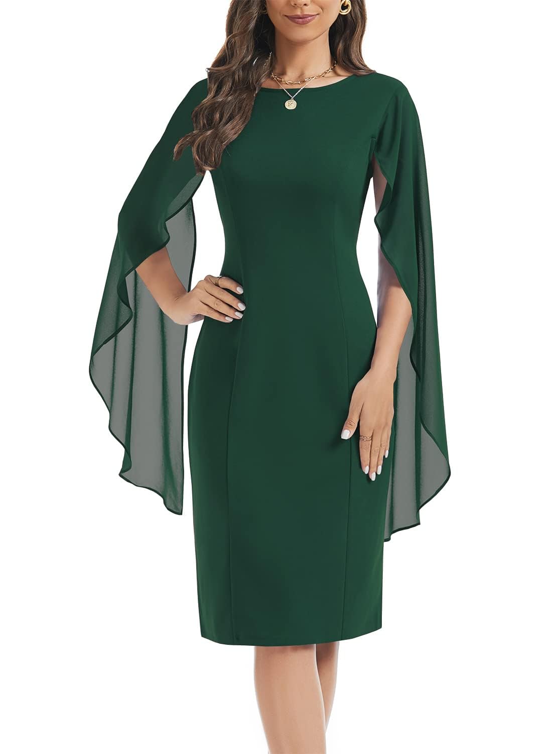 Photo 1 of HELYO Dress with Cape for Women Elegant Mini Cape Chiffon Cloak Sleeve V-Back Casual Bodycon Wedding Guest Evening Semi-Formal Dresses 882 Dark Green XXL