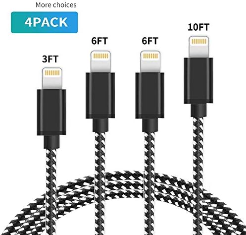 iPhone Charger NinaJ 4Pack 3FT 6FT 6FT 10FT Lightning Cable to USB Syncing and Charging Cable Data Nylon Braided Cord Charger for iPhoneX/8/8 Plus/7/7 Plus/6/6 Plus/6s/6s Plus and more - Black&amp;White