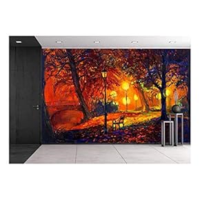 Original Oil Painting Showing Beautiful Autumn Park,Lake and Bench on Canvas - Removable Wall Mural | Self-Adhesive Large Wallpaper - 66x96 inches