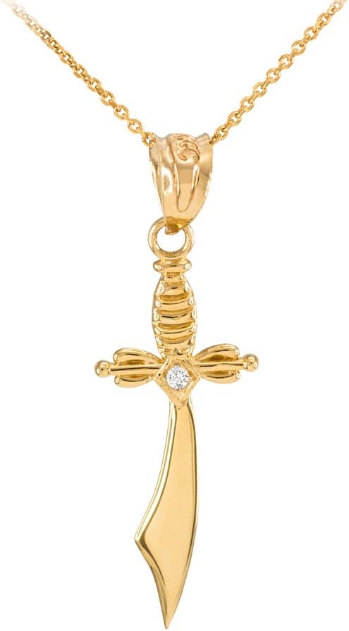 Polished 14k Yellow Gold Diamond Scimitar Sword Pendant Necklace