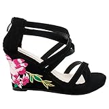 Women's Open Toe Embroidered Floral Strappy Ankle High Wedge Heel Sandal