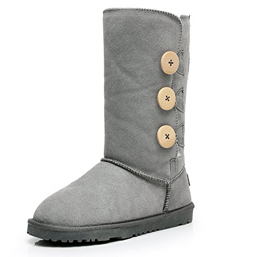 Rismart Women's Fashion Triplet Button Suede Snow Boots Mid-Calf Warm Winter Boots Grey SN1073 US12