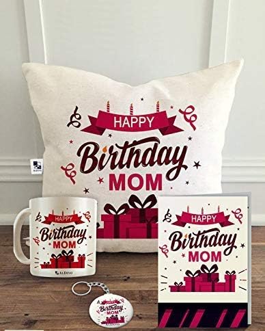 ALDIVO Printed Combo Gift Pack of 12 x 12-inch Printed Satin Cushion Cover with Filler with Printed Mug and Key Ring with Greeting Card (White)