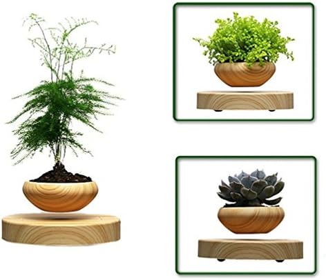 LED Magnetic Suspended Potted Plant Magnetic Levitation Air Bonsai Suspension Flower Pot Wood Grain for Home Office Decoration Plant Levitating plant Pot for Display Decoration