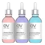 Earth Vibes Anti Aging Skin Care Set - Best Natural Anti Wrinkle Serum Set, Dark Spot Corrector, Reduce Hyperpigmentation, Acne Scars, Age Spots - Hyaluronic, Retinol, Vitamen C Serums - 3 X 1 Ounce 