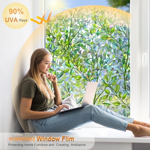 KOWVOWZ 3D Stained Glass Privacy Window Film, Green Leaves Door Film, UV Sun Blocking Window Films, Reusable 3D Decals Non-Adhesive Window Vinyl Stickers for Living Room Kitchen Office (44.5x200cm)