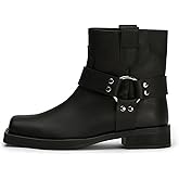 FIFSY Square Toe Ankle Boots for Women Biker Motorcycle Riding Boots with Buckles Womens Low Chunky Heel Boots Mid Claf Booties Shoes