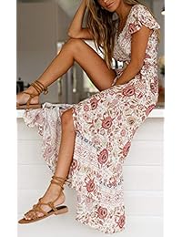 Yidarton - Vestido largo de verano con cuello en V, estampado floral, manga corta, informal, para mujer