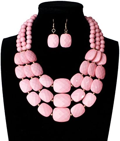 Nigeria Wedding African Beads Jewelry Set 9 Color Acrylic Beads Making Choker Necklace Set for Women Moon Girl Statement (Light Pink)