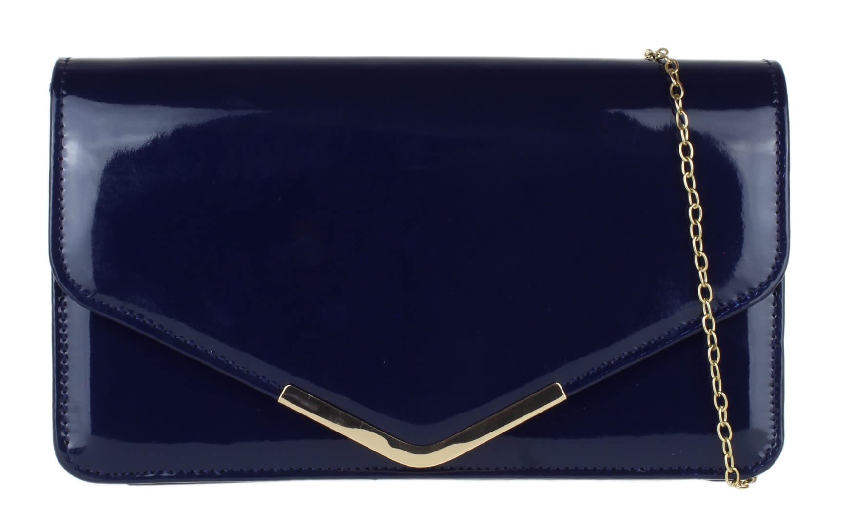 Girly HandBags Beautiful Patent Faux Leather Metallic Frame Envelope Clutch Bag Shoulder Bag Party Evening Wedding - Navy