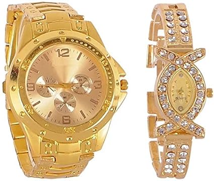 Swadesi Stuff Analogue Gold Dial Men's & Women's Watch Combo (Gold Rosra & Aks)