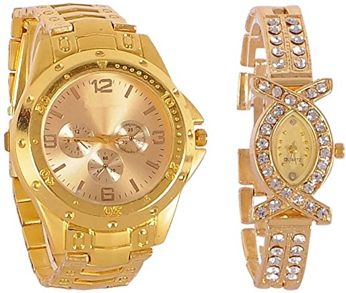 Swadesi Stuff Analogue Gold Dial Mens & Womens Watch Combo (Gold Rosra & Aks)