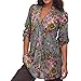 TAORE Women Plus Size Button Down Shirt Vintage Floral Print V-neck Tunic Tops (XXXXXL, Gray)