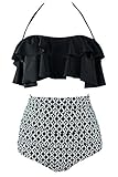Cocoship Solid Black & Geometric Retro Boho Flounce Falbala High Waist Bikini Set Chic Swimsuit Bathing Suit L(FBA)