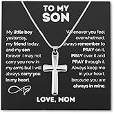 Sudaporn Cross Pendant Necklace for Son Christian Christmas Gifts To My Son Jesus Faith Necklaces Silver Positive Sons Birthday Gifts from Mom Mother, Men Stainless Steel Cross Charm Prayer Neckalce