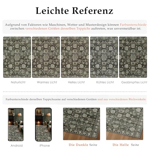 PureCozy Vintage Rug Living Room 200 x 300 cm Green Large Room Washable in Washing Machine Non-Slip Rugs Bedroom Living Room Dining Kitchen Foot Bed Carpet Short Hair Rug