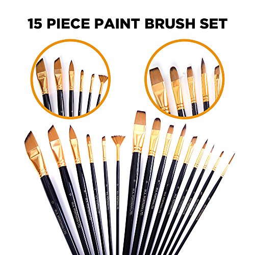 Professional Quality Synthetic and Natural Hair Brushes - Assorted Set - No Shedding or Breaking Perfect for Acrylic Watercolor & Oil Painting (15 Brushes)