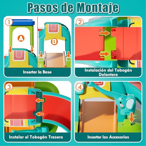 Lehoo Castle Juguetes para Niños 1 2 3 Años, Regalos de Cumpleaños, Tobogán de Elefante con 4 Coches de Animales, Juguetes Educativos para Bebés 12-18 Meses, Pista de Coches Empujables para Niño