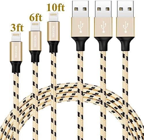 Lightning Cable, IWAVION 3pack 3ft 6ft 10ft Nylon Braided Lightning to USB iPhone Charger Cord with Aluminum Connector for iPhone8/8plus/8X/7/7 Plus/6s/6s Plus/6/6Plus/SE/5s/5c, iPad/iPod-Black/Gold