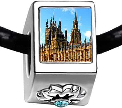 London the British houses of parliament and big ben Blue Aquamarine Crystal March Birthstone Flower Charm