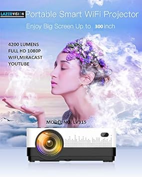 LAZERVISION LV 315 Full HD Projector Wi-Fi YouTube, LED Projector 4200 Lumens, HDMI USB VGA AV, HD 1080p,50000 Hours LAMP Life, Silver Black